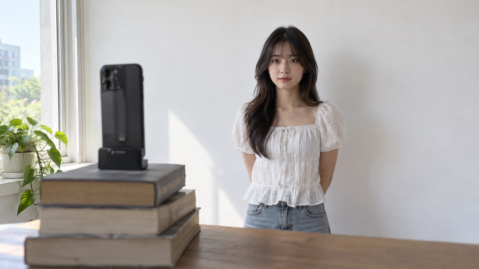 A phone propped on a stack of books at eye level with a young woman standing away from a white wall, window light falling on her face from the left