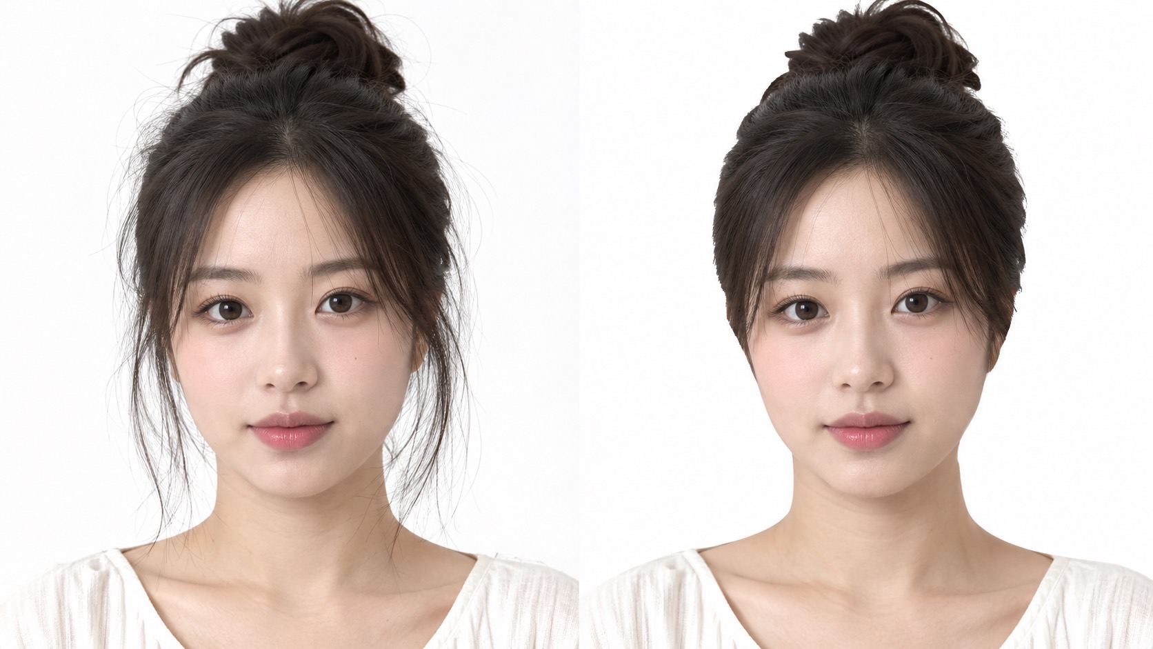 Two versions of the same portrait on white, the left keeping the loose strands of hair and the right cut flat so they are gone