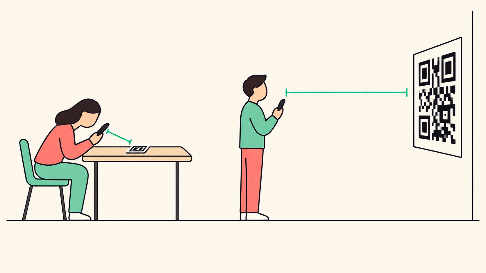 Hình vẽ nhìn ngang: bên trái một người ngồi cúi sát tấm mã QR nhỏ đặt trên bàn với đoạn đo ngắn, bên phải một người đứng lùi xa quét tấm mã lớn treo trên tường với đoạn đo dài
