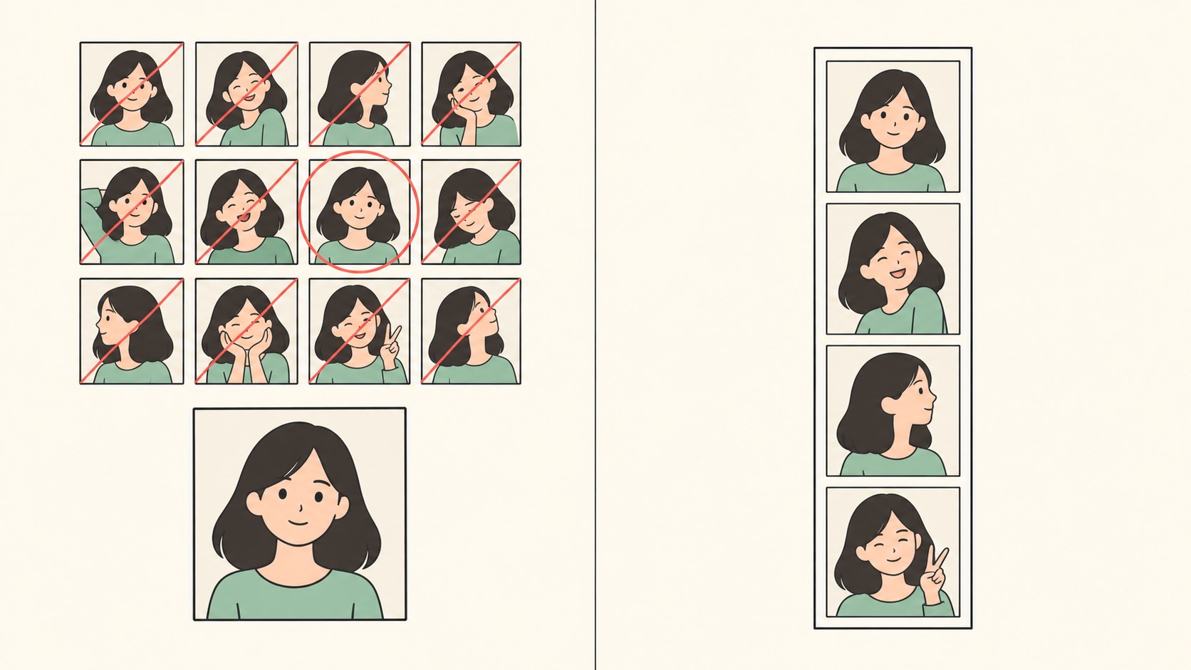 Hình chia đôi: bên trái một tờ contact sheet mười hai ô bị gạch chéo gần hết, chỉ một ô được khoanh tròn rồi phóng to xuống dưới, bên phải một photostrip bốn ô còn nguyên không ô nào bị gạch