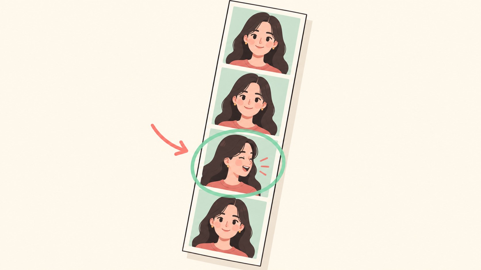 Một photostrip bốn ô đặt nghiêng, ba ô chỉn chu nhìn thẳng còn ô thứ ba bắt được lúc người chụp đang quay đầu cười dở, ô đó được khoanh tròn và có mũi tên chỉ vào
