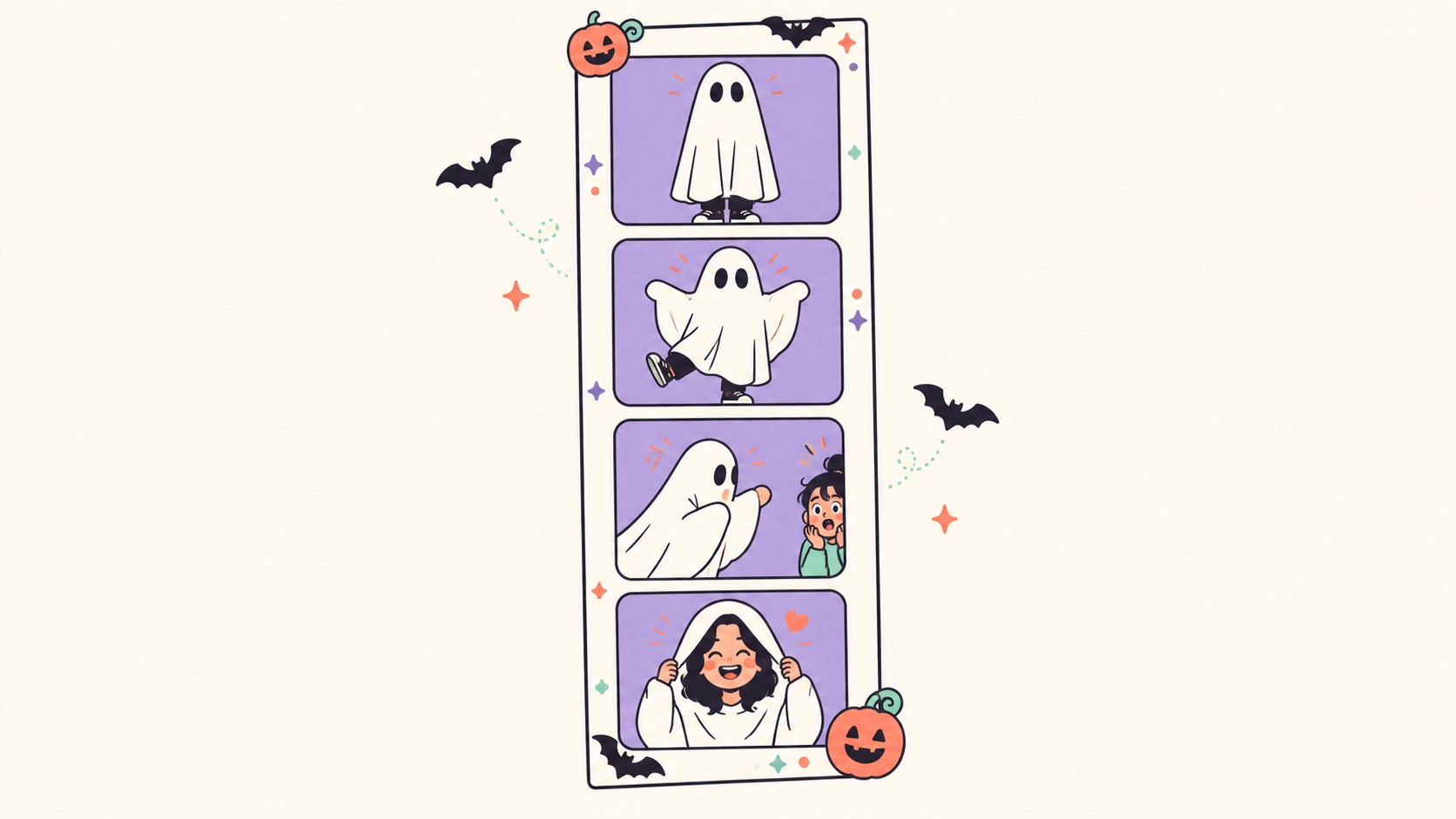 Photostrip bốn ô minh hoạ, ba ô đầu là người trùm áo ma tạo dáng và ô cuối là cô gái kéo mũ trùm xuống cười bằng mặt thật
