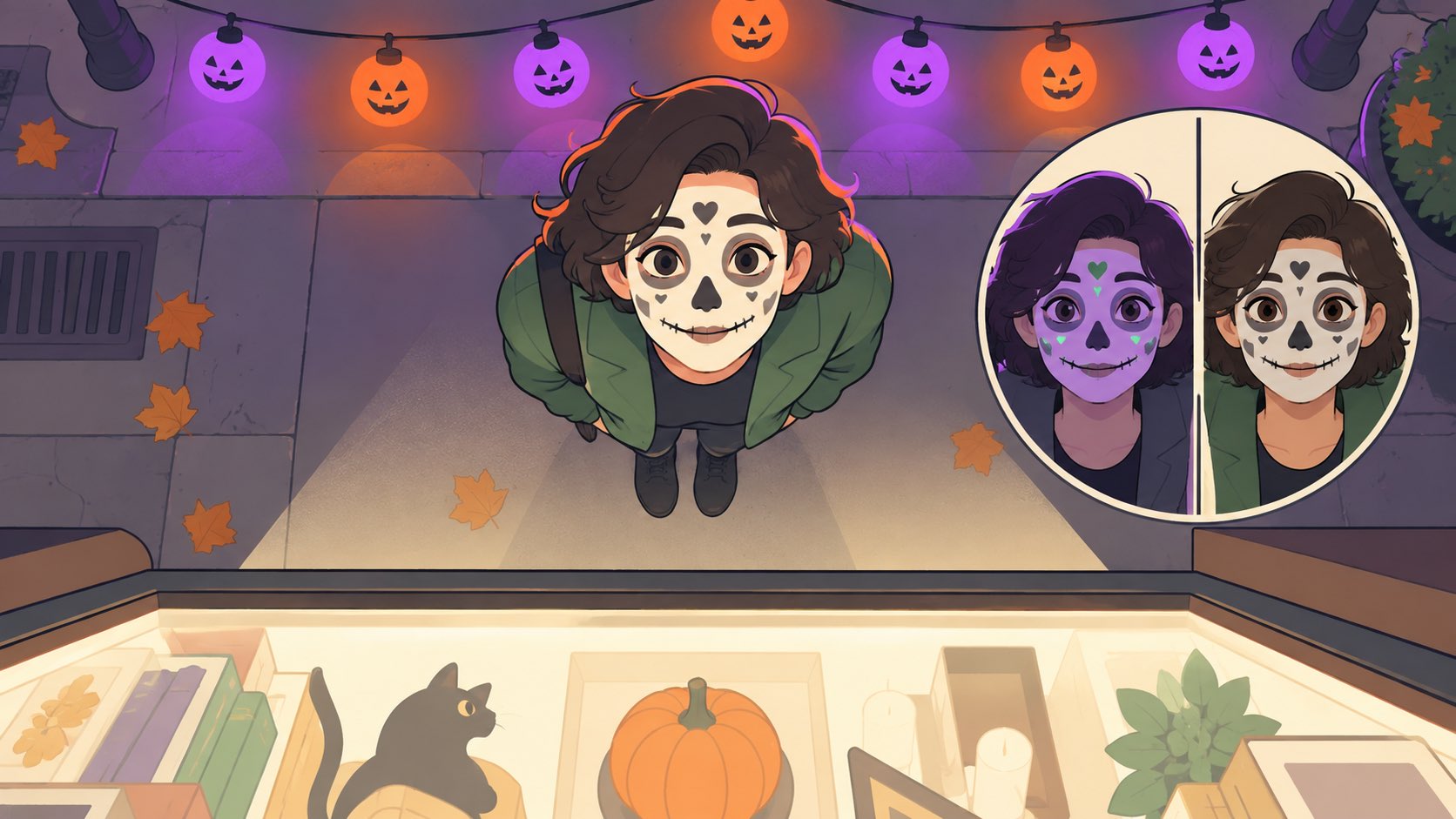 Sơ đồ nhìn từ trên xuống, người vẽ mặt Halloween đứng quay về phía tủ kính sáng còn dãy đèn bí ngô tím cam nằm sau lưng, ô tròn bên phải so hai khuôn mặt ám tím và đúng màu da